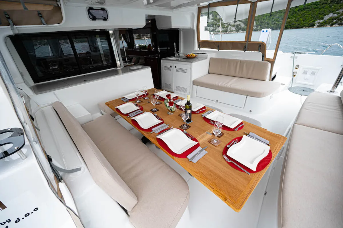 Deck of Kari, a Lagoon 46 catamaran at Grad Šibenik, Croatia