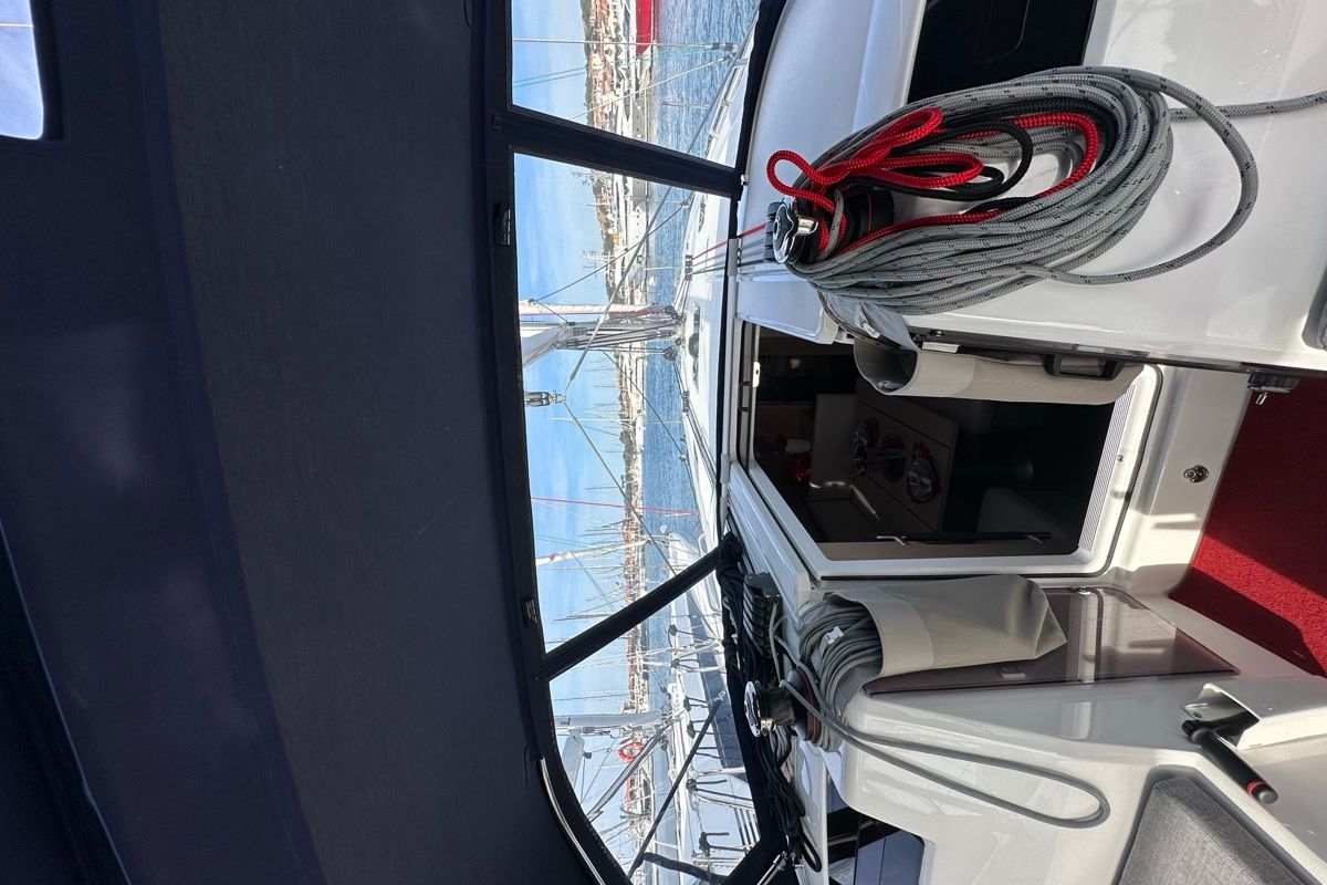 Cockpit of Karma, a Beneteau Oceanis 40.1 sailboat at Olbia, Italy