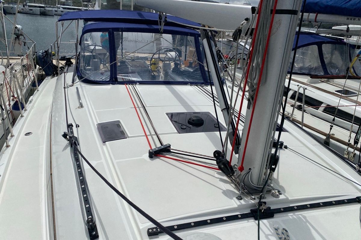 Deck of Karma, a Beneteau Oceanis 40.1 sailboat at Olbia, Italy
