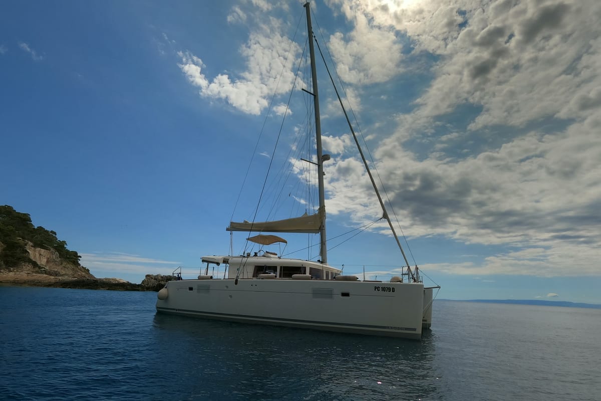 Exterior view of Zia Nella, a Lagoon 450 Fly catamaran at Grad Vis, Croatia