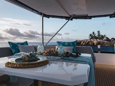 Deck of Rapscallion, a Lagoon 46 OW catamaran at Seychelles, Eden Island Marina, Seychelles