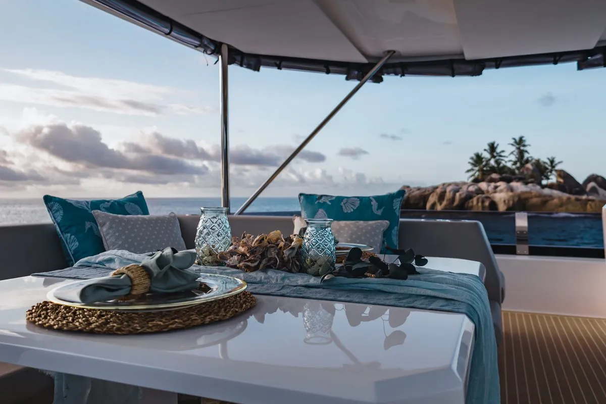 Deck of Rapscallion, a Lagoon 46 OW catamaran at Seychelles, Eden Island Marina, Seychelles
