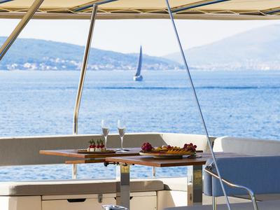 Deck of Marea I, a Bali 5.4 catamaran at Grad Kaštela, Croatia