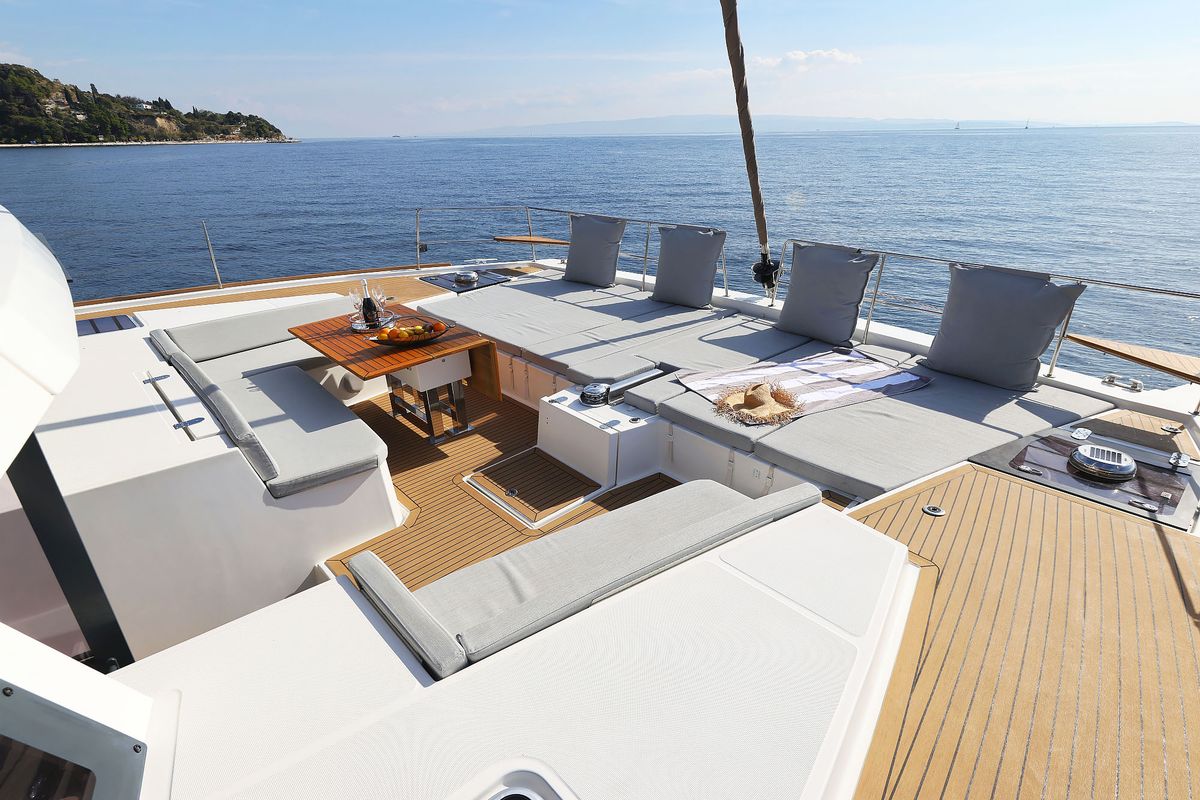 Deck of Marea I, a Bali 5.4 catamaran at Grad Kaštela, Croatia