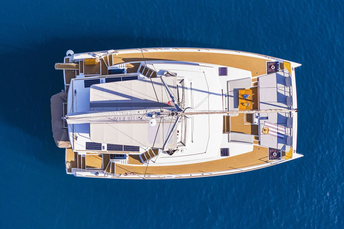 Exterior view of Marea I, a Bali 5.4 catamaran at Grad Kaštela, Croatia