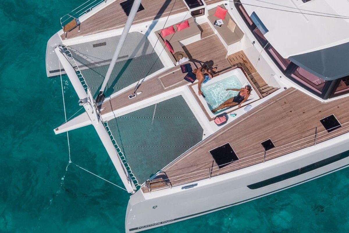 Deck of Chiloe, a Fountaine Pajot Alegria 67 catamaran at Ibiza, Spain