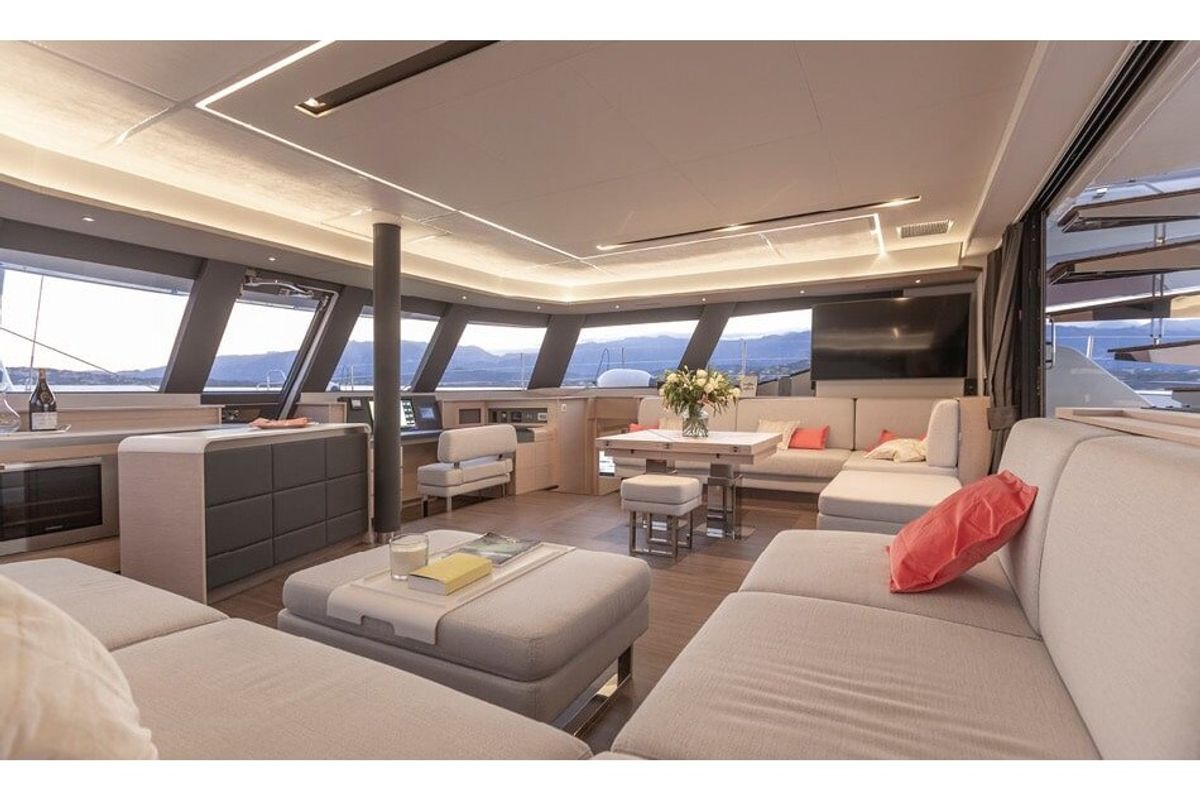 Salon of Chiloe, a Fountaine Pajot Alegria 67 catamaran at Ibiza, Spain