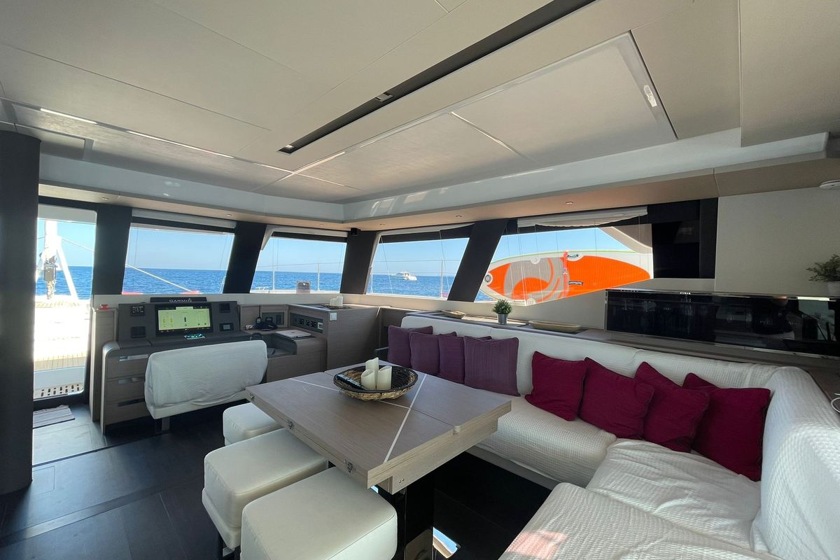 Salon of Chiloe, a Fountaine Pajot Alegria 67 catamaran at Ibiza, Spain