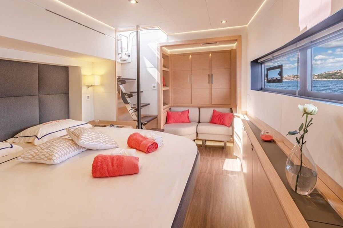 Cabin on Chiloe, a Fountaine Pajot Alegria 67 catamaran at Ibiza, Spain