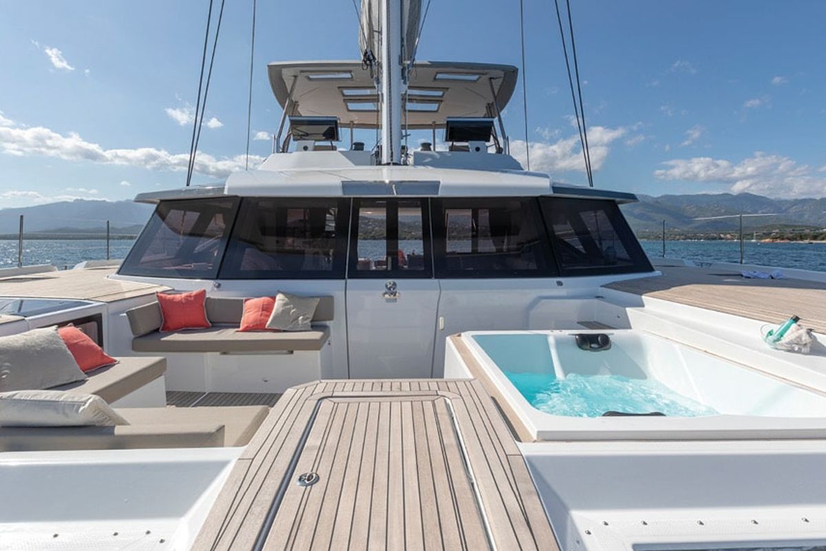 Deck of Chiloe, a Fountaine Pajot Alegria 67 catamaran at Ibiza, Spain