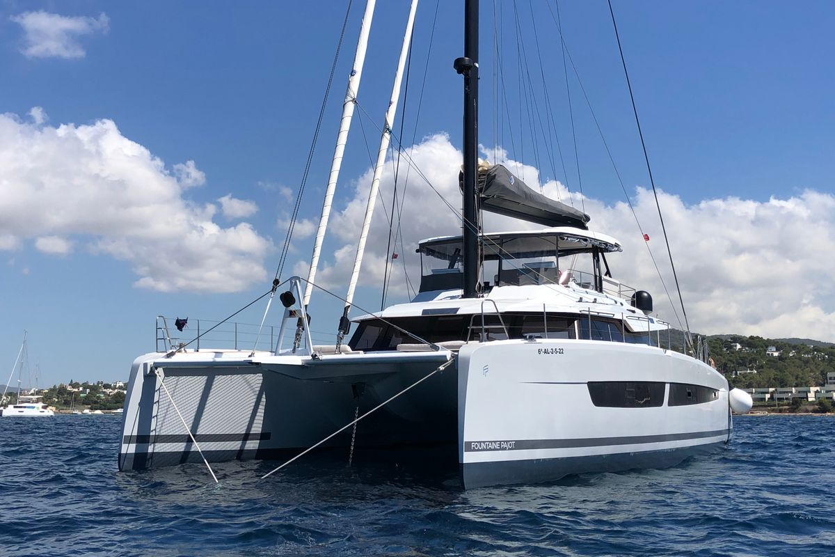 Exterior view of Chiloe, a Fountaine Pajot Alegria 67 catamaran at Ibiza, Spain