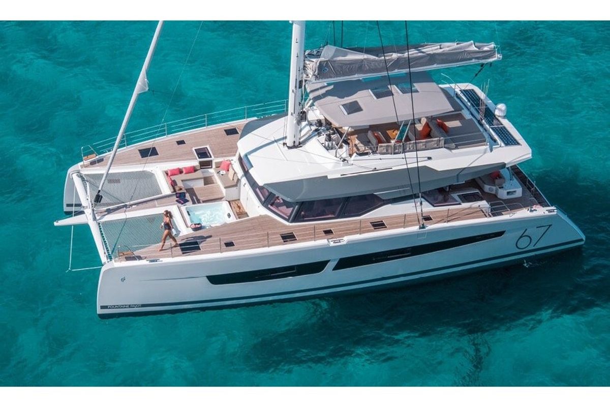 Exterior view of Chiloe, a Fountaine Pajot Alegria 67 catamaran at Ibiza, Spain