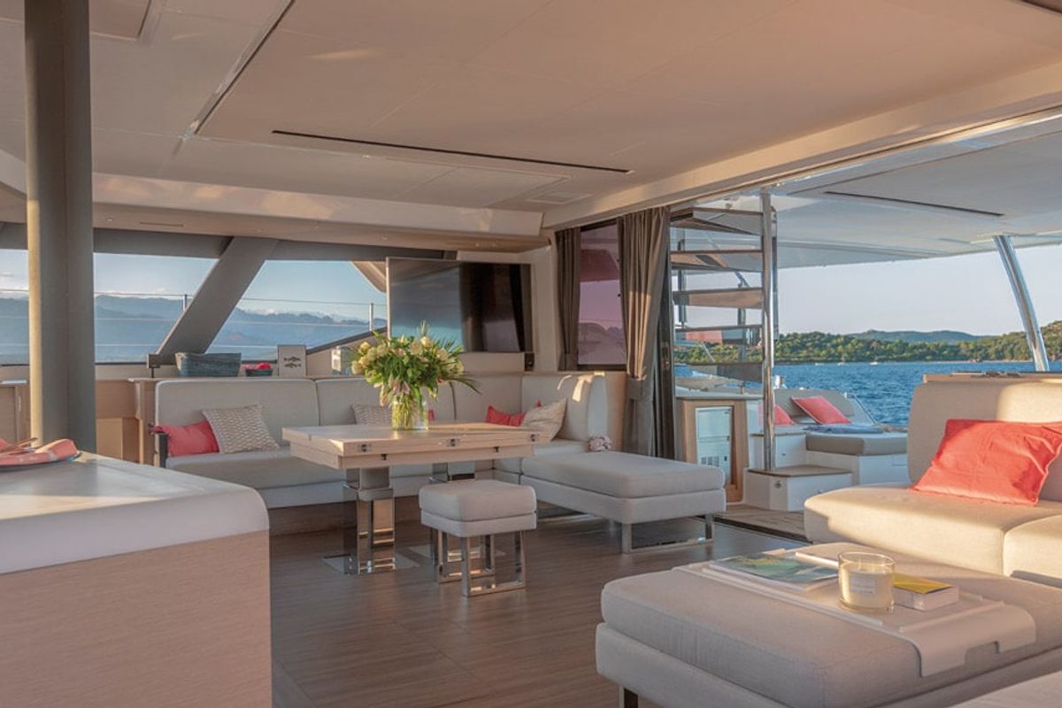 Salon of Chiloe, a Fountaine Pajot Alegria 67 catamaran at Ibiza, Spain