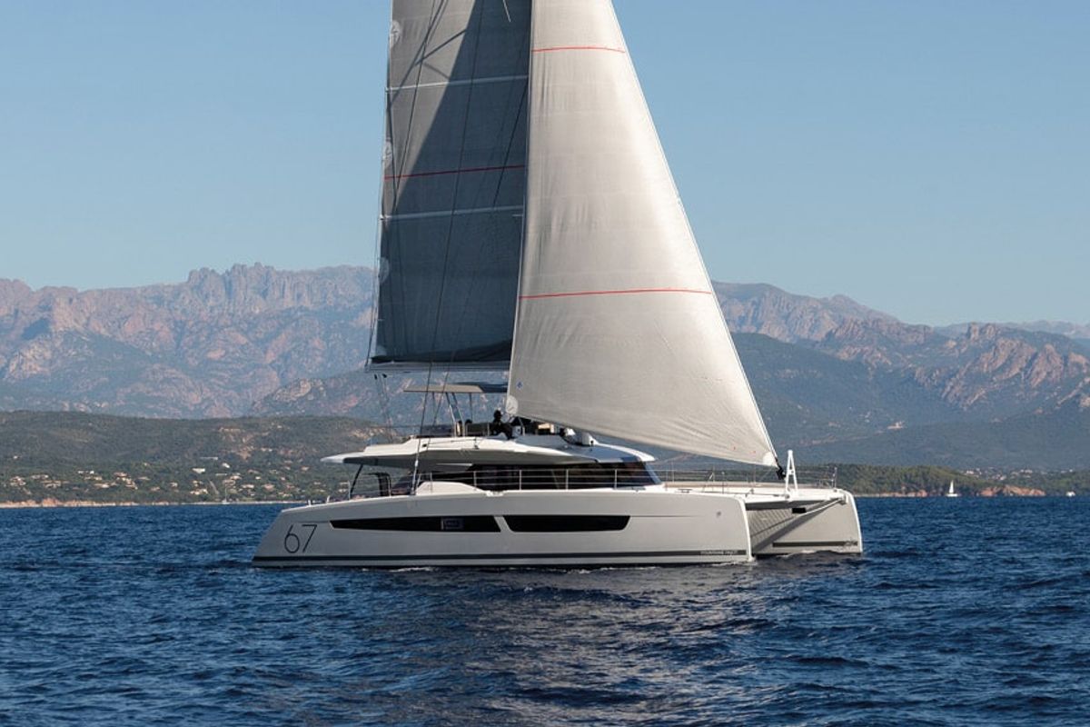 Exterior view of Chiloe, a Fountaine Pajot Alegria 67 catamaran at Ibiza, Spain