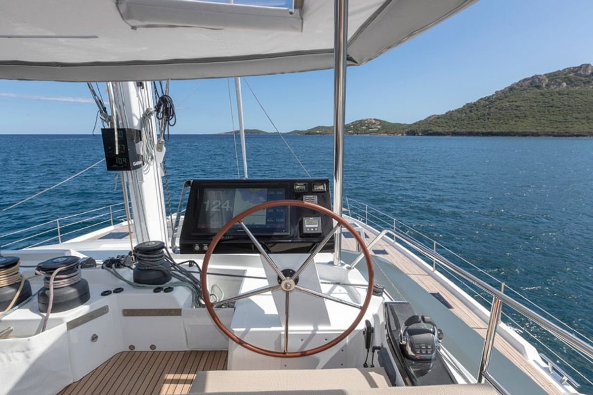 Cockpit of Chiloe, a Fountaine Pajot Alegria 67 catamaran at Ibiza, Spain