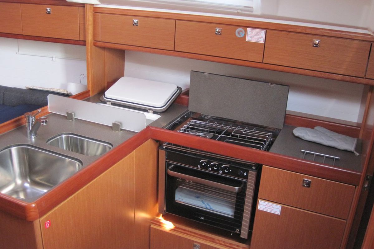 Galley of Fiamma, a Bavaria Cruiser 37 sailboat at Capo d'Orlando, Italy