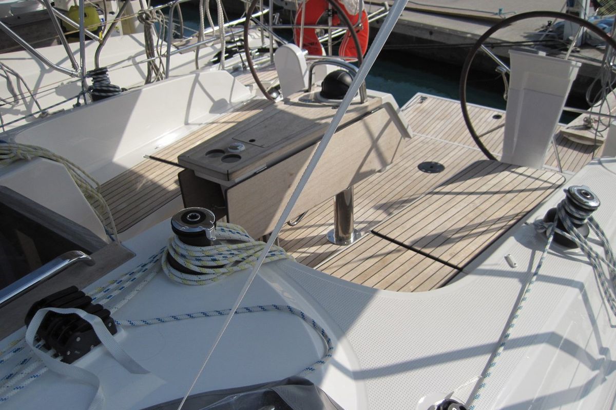 Deck of Fiamma, a Bavaria Cruiser 37 sailboat at Capo d'Orlando, Italy