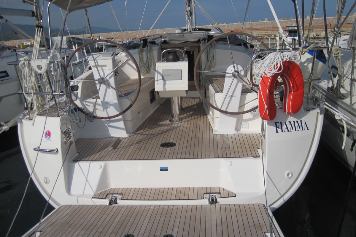 Deck of Fiamma, a Bavaria Cruiser 37 sailboat at Capo d'Orlando, Italy