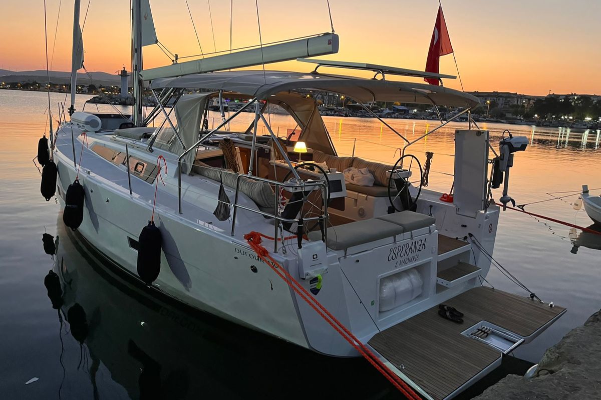 Exterior view of Esperanza, a Dufour 430 GL sailboat at Marmaris, Turkey