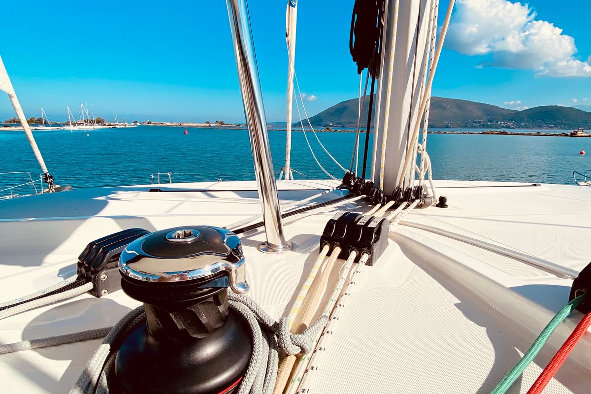 Deck of Maresol (Pax 12) , a Lagoon 42 catamaran at Municipal Unit of Lefkada, Greece