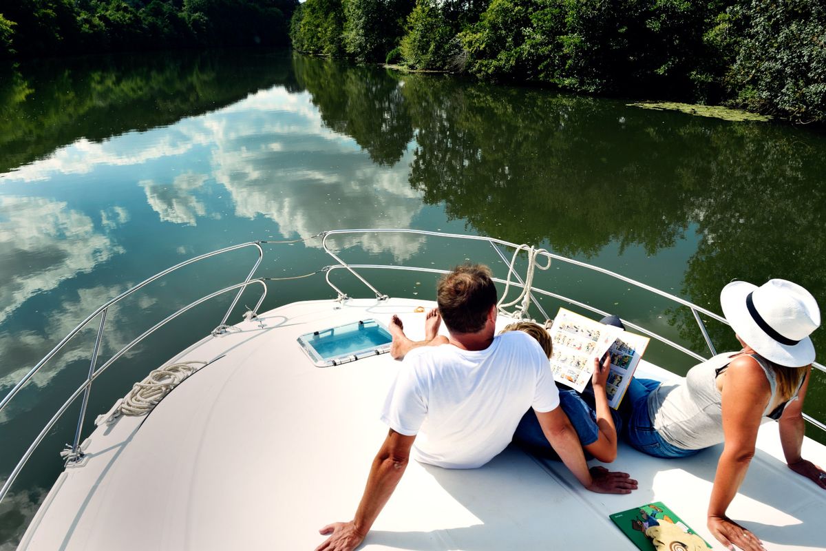 Deck of Mélodie, a Nicols Sedan 1170 motorboat at Sablé-sur-Sarthe, France