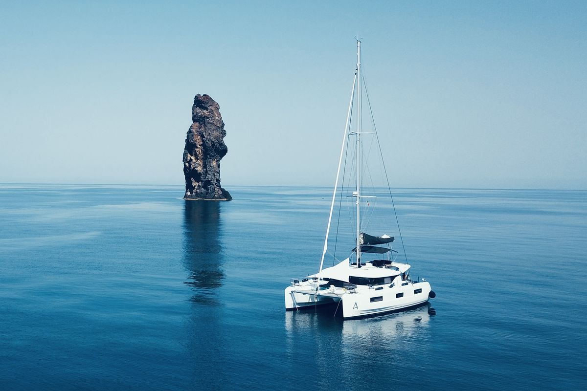 Exterior view of ARCA, a Lagoon 46 catamaran at Capo d'Orlando, Italy