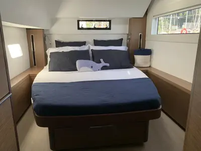 Cabin on ARCA, a Lagoon 46 catamaran at Capo d'Orlando, Italy