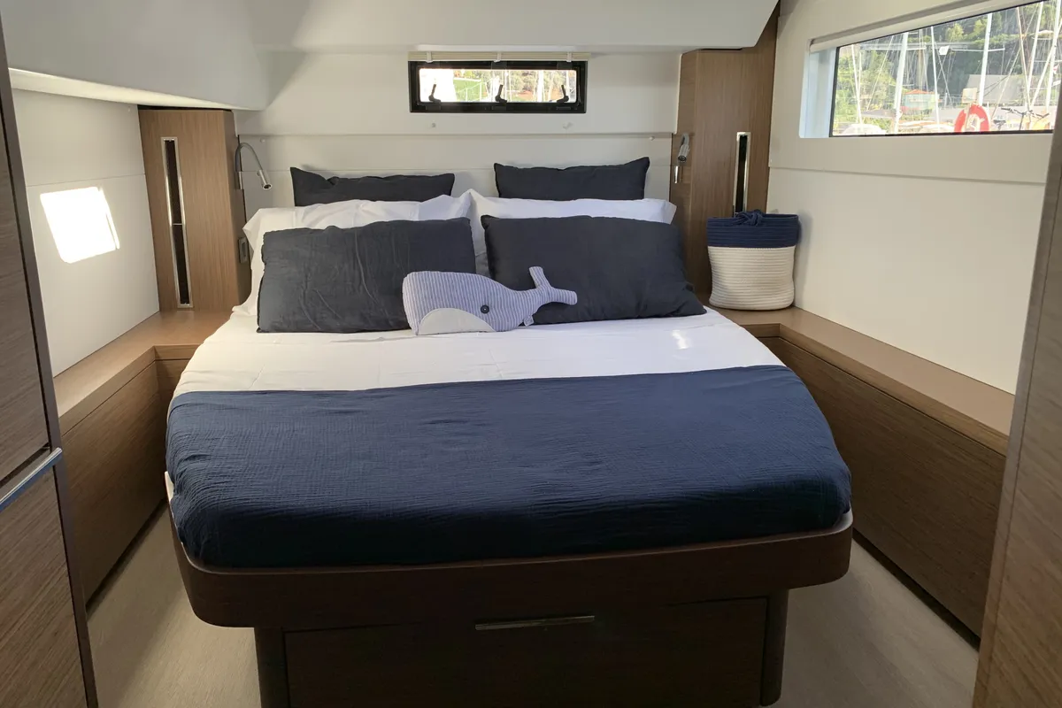 Cabin on ARCA, a Lagoon 46 catamaran at Capo d'Orlando, Italy