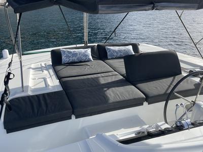 Cockpit of ARCA, a Lagoon 46 catamaran at Capo d'Orlando, Italy
