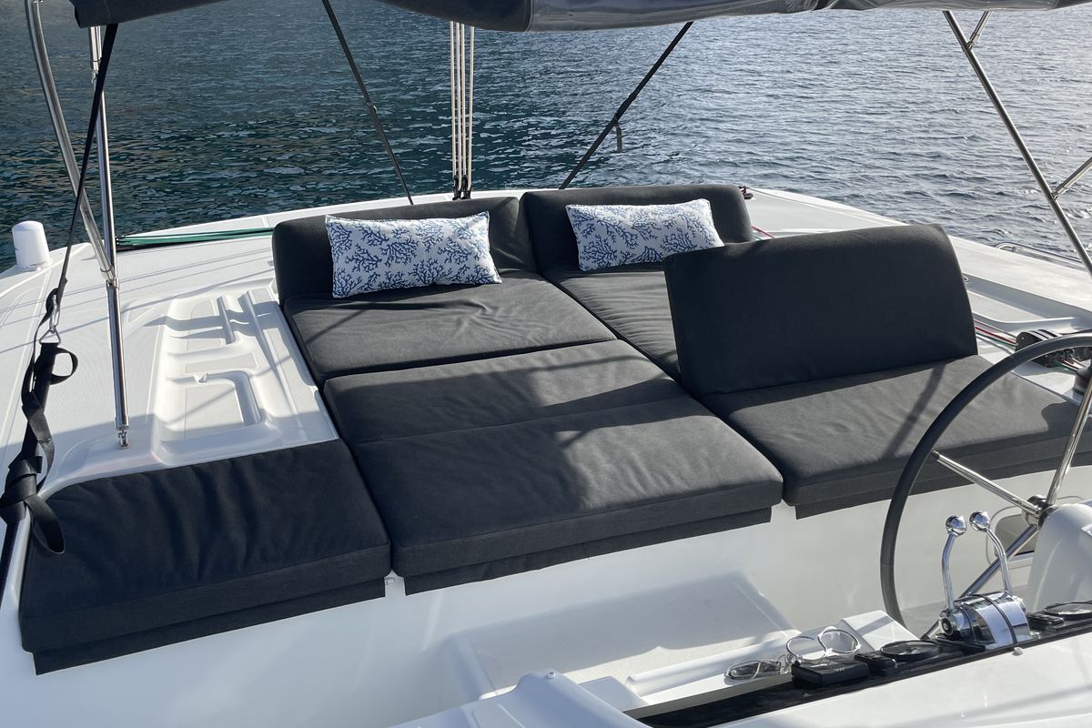 Cockpit of ARCA, a Lagoon 46 catamaran at Capo d'Orlando, Italy