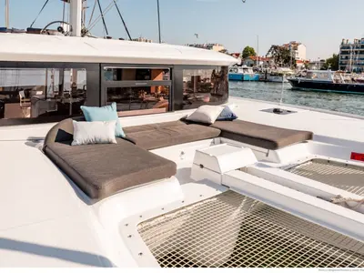 Deck of ARCA, a Lagoon 46 catamaran at Capo d'Orlando, Italy