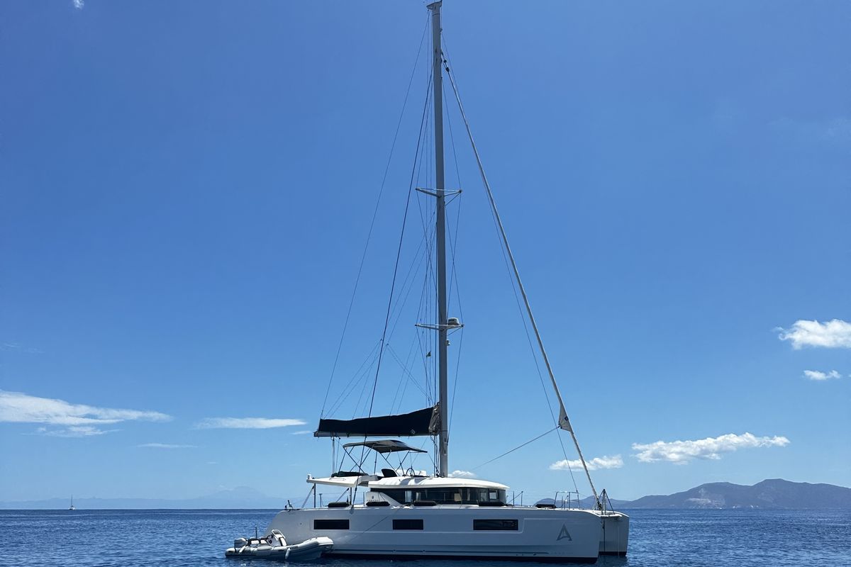 Exterior view of ARCA, a Lagoon 46 catamaran at Capo d'Orlando, Italy