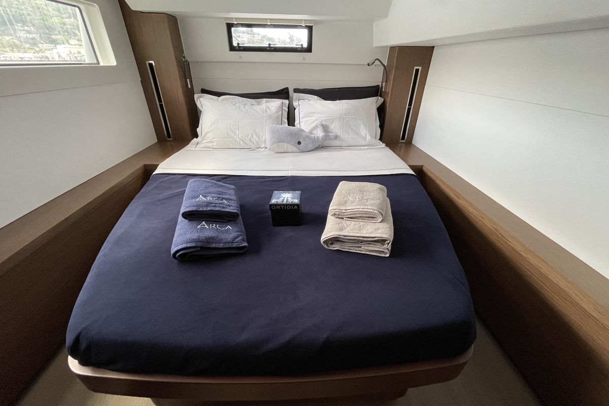 Cabin on ARCA, a Lagoon 46 catamaran at Capo d'Orlando, Italy