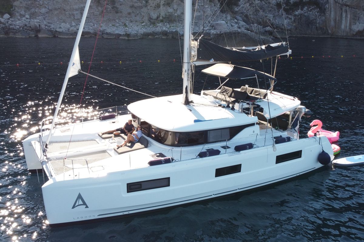 Exterior view of ARCA, a Lagoon 46 catamaran at Capo d'Orlando, Italy