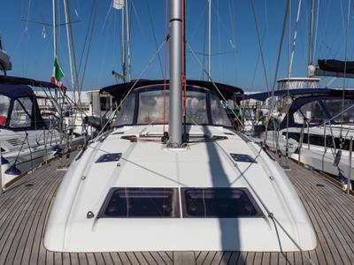 Deck of Chandra - Standard line, a Jeanneau Sun Odyssey 479 sailboat at Olbia, Italy