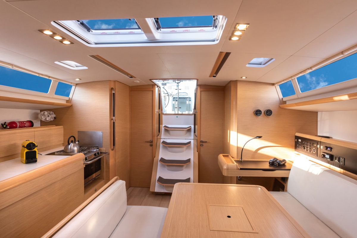 Salon of Chandra - Standard line, a Jeanneau Sun Odyssey 479 sailboat at Olbia, Italy