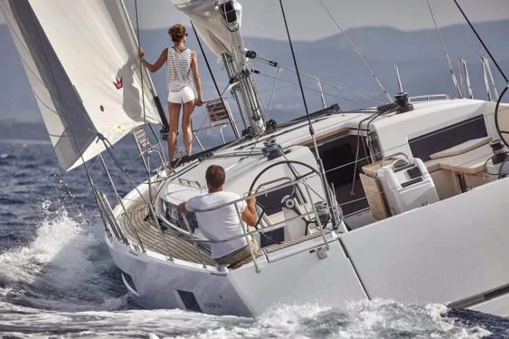 Exterior view of Etheria, a Jeanneau Sun Odyssey 490 sailboat at Keramoti, Greece