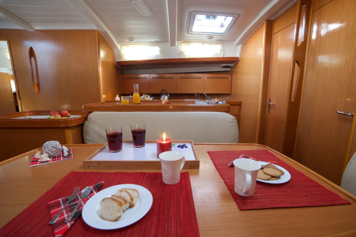 Salon of Azzuro, a Beneteau Cyclades 50.5 sailboat at Athens, Greece