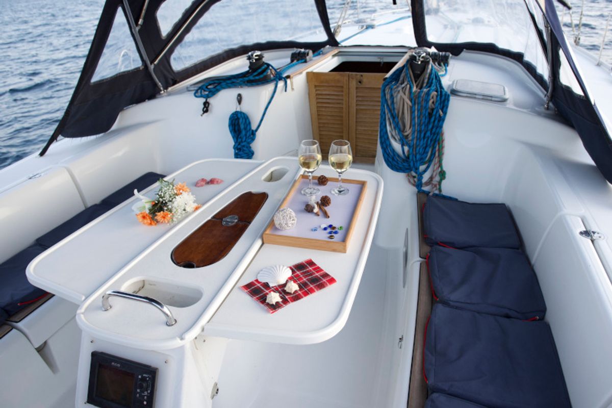 Deck of Azzuro, a Beneteau Cyclades 50.5 sailboat at Athens, Greece