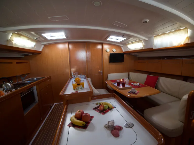 Salon of Azzuro, a Beneteau Cyclades 50.5 sailboat at Athens, Greece