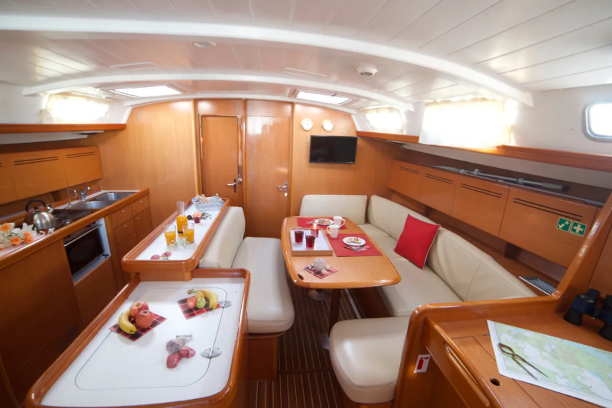 Salon of Azzuro, a Beneteau Cyclades 50.5 sailboat at Athens, Greece