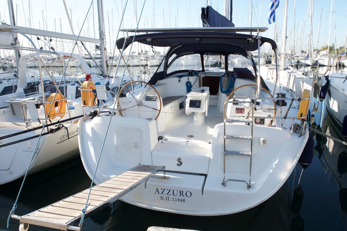 Exterior view of Azzuro, a Beneteau Cyclades 50.5 sailboat at Athens, Greece