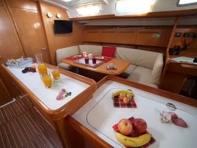 Salon of Azzuro, a Beneteau Cyclades 50.5 sailboat at Athens, Greece