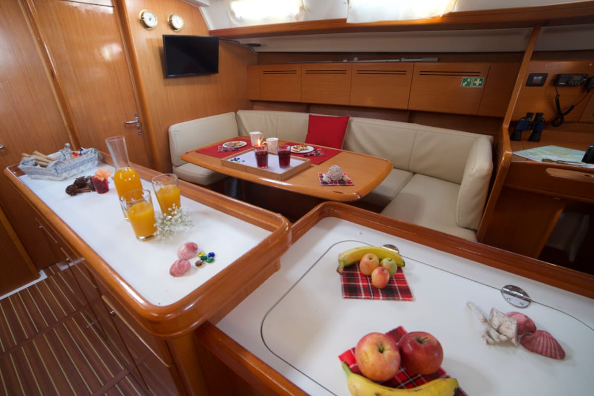 Salon of Azzuro, a Beneteau Cyclades 50.5 sailboat at Athens, Greece