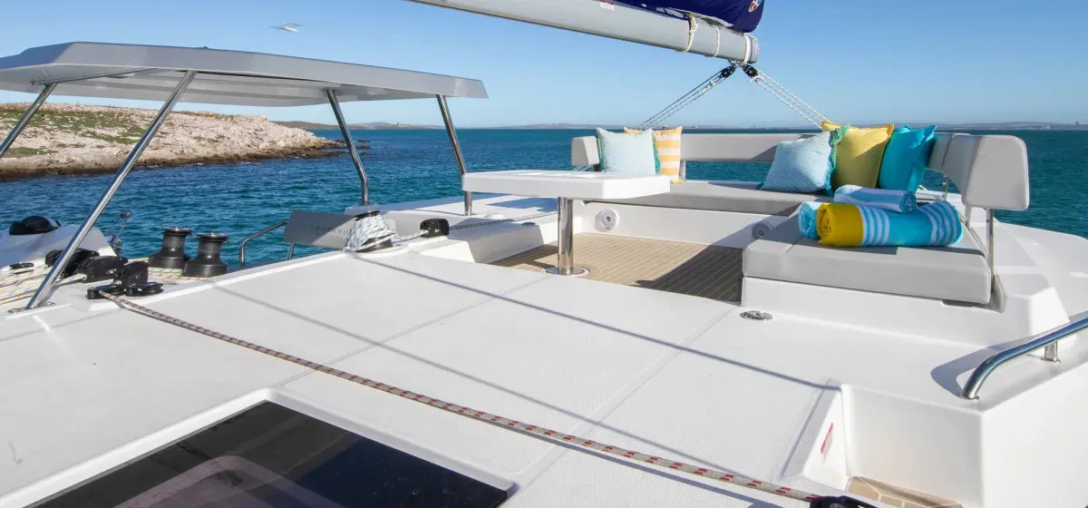 Deck of Moorings 4200/3/3 Exclusive, a Leopard 42 catamaran at English Harbour, Antigua and Barbuda