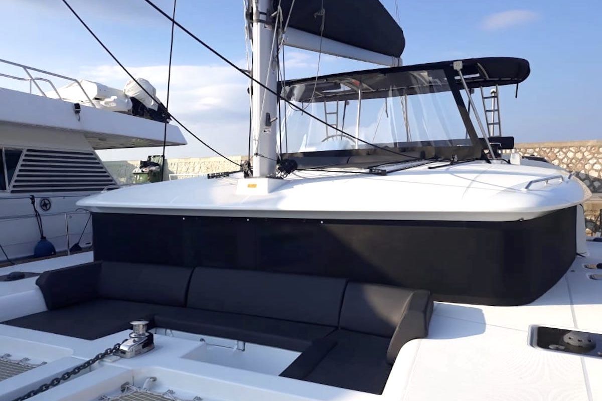 Deck of Escapade, a Lagoon 450 Fly catamaran at Athens, Greece