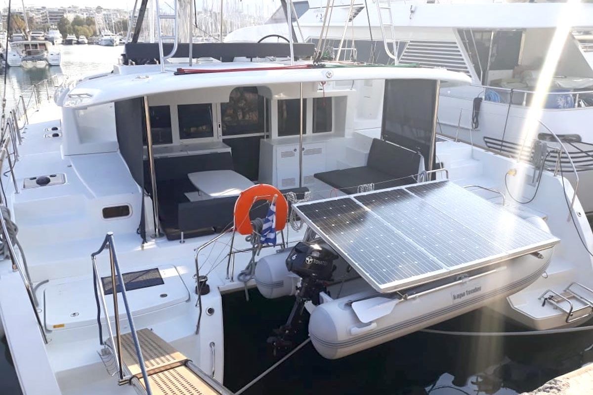 Deck of Escapade, a Lagoon 450 Fly catamaran at Athens, Greece