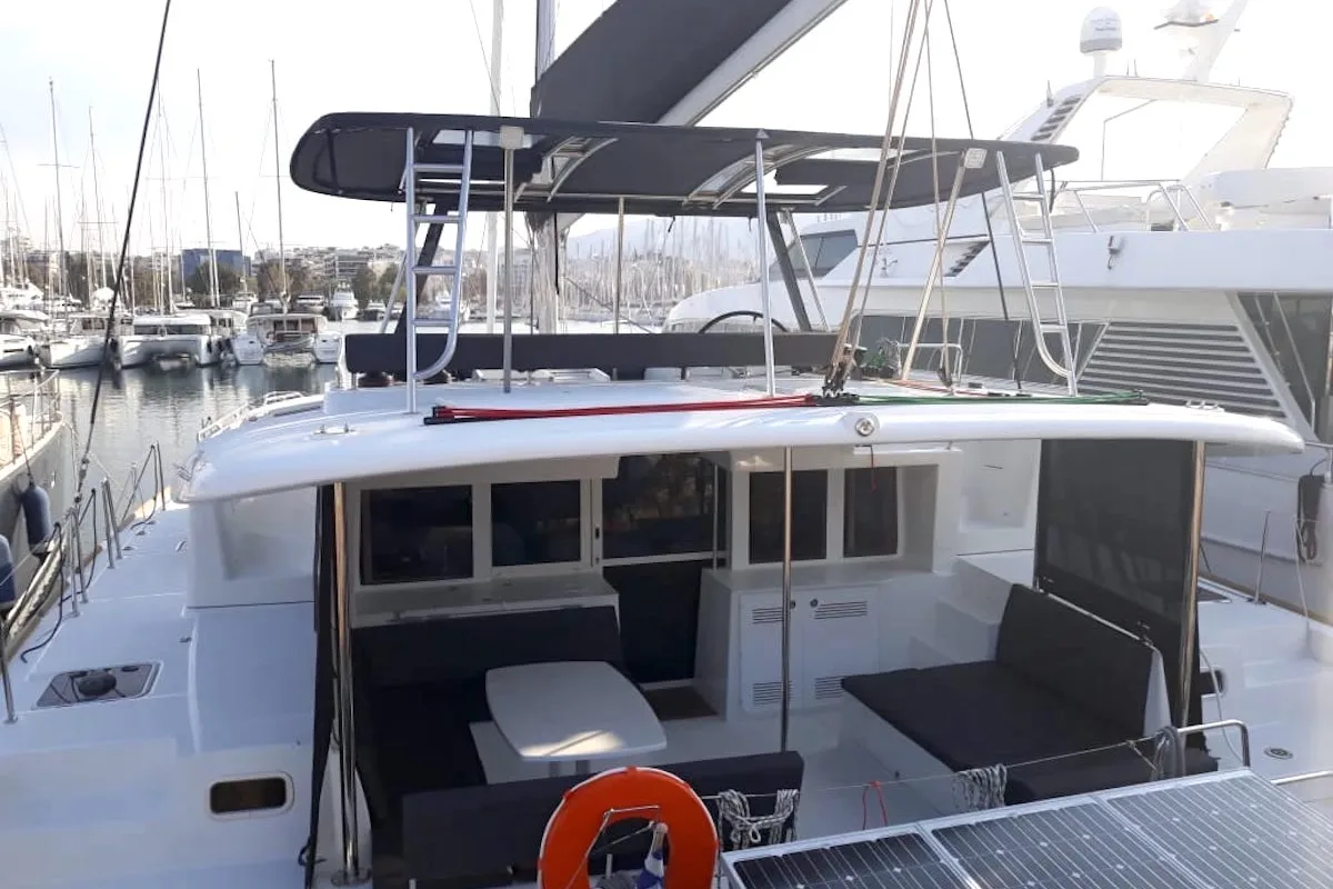 Deck of Escapade, a Lagoon 450 Fly catamaran at Athens, Greece
