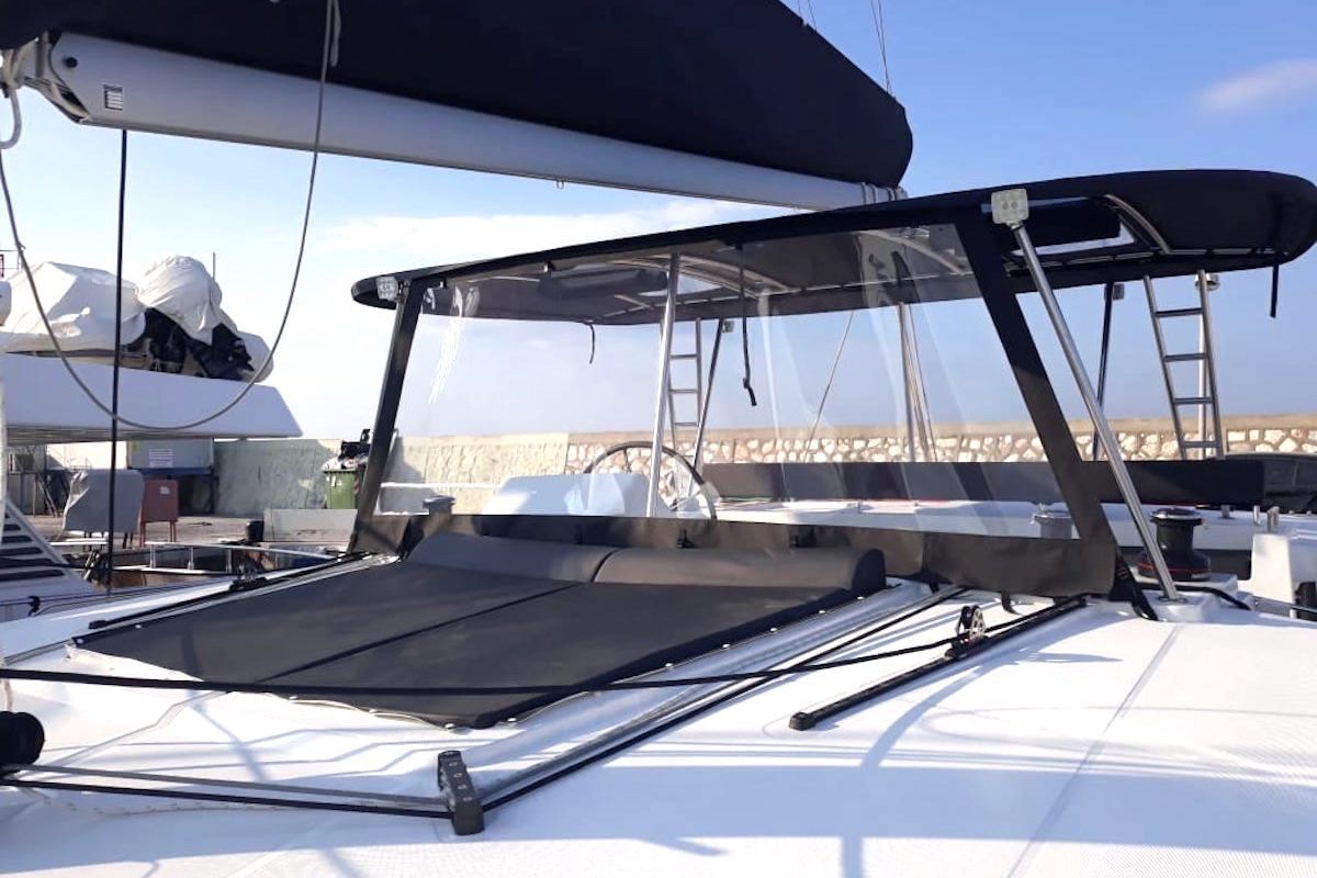Deck of Escapade, a Lagoon 450 Fly catamaran at Athens, Greece