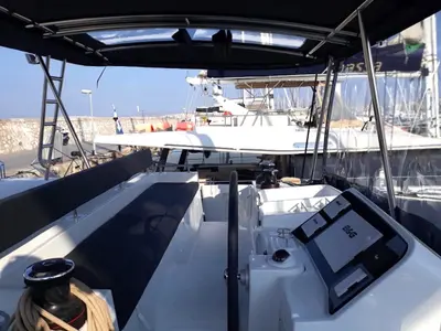 Cockpit of Escapade, a Lagoon 450 Fly catamaran at Athens, Greece